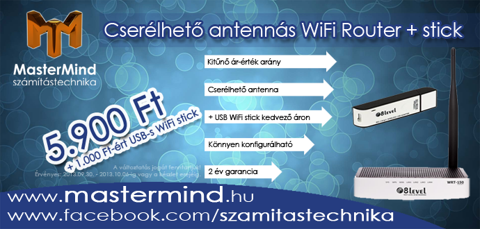 Vásároljon a héten cserélhető antennás 8Level routert, és mindössze 1.000 Ft-ért egy USB-s WiFi stick-et is hazavihet!