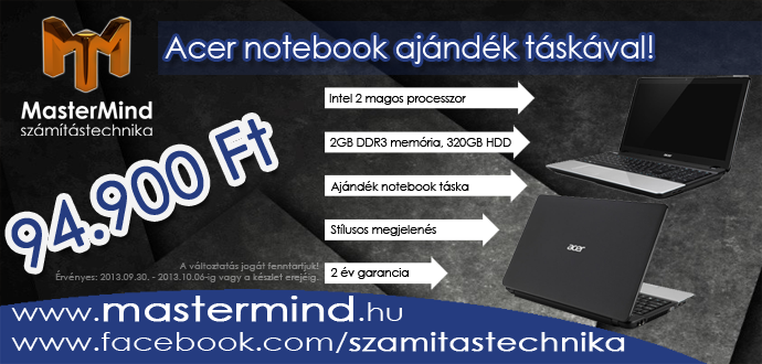 Egy stílusos Acer notebook mellé a héten ajándékba adjuk a notebook táskát!