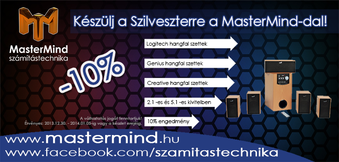 Készülj a Szilveszter legnagyobb bulijára velünk. Logitech, Creative és Genius 2.1 és 5.1 hangfalrendszerek most 10% kedvezménnyel a MasterMind-nál.