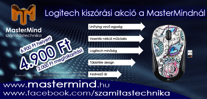 Logitech kiszórási akció a MasterMindnál! A többféle színben kapható M325-ös egér 2.000 Ft engedménnyel most csak 4.900 Ft!